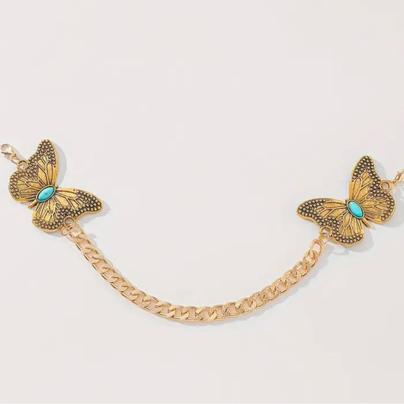 Bohemian Gold tone hat chain, butterflies, turquoise - Picture 1 of 3